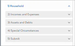 Side navigation displays Household, Incomes and Expenses, Assets and Debts, Special Circumstances, and Submit sections.